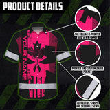 Hi Vis Hawaiian Shirt Reflective Tapes Pink Skull CA Custom Name Safety Workwear For Workers, Truckers, Operators, Canadian