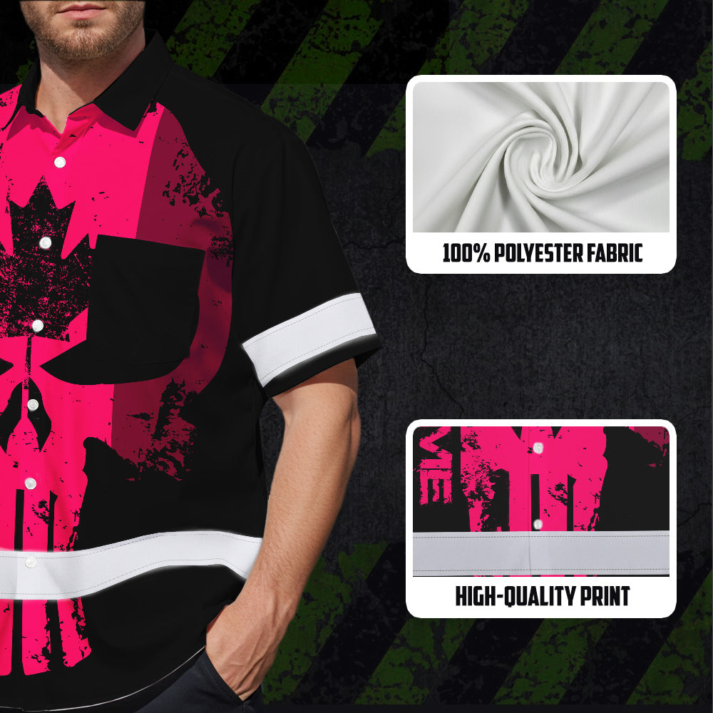 Hi Vis Hawaiian Shirt Reflective Tapes Pink Skull CA Custom Name Safety Workwear For Workers, Truckers, Operators, Canadian