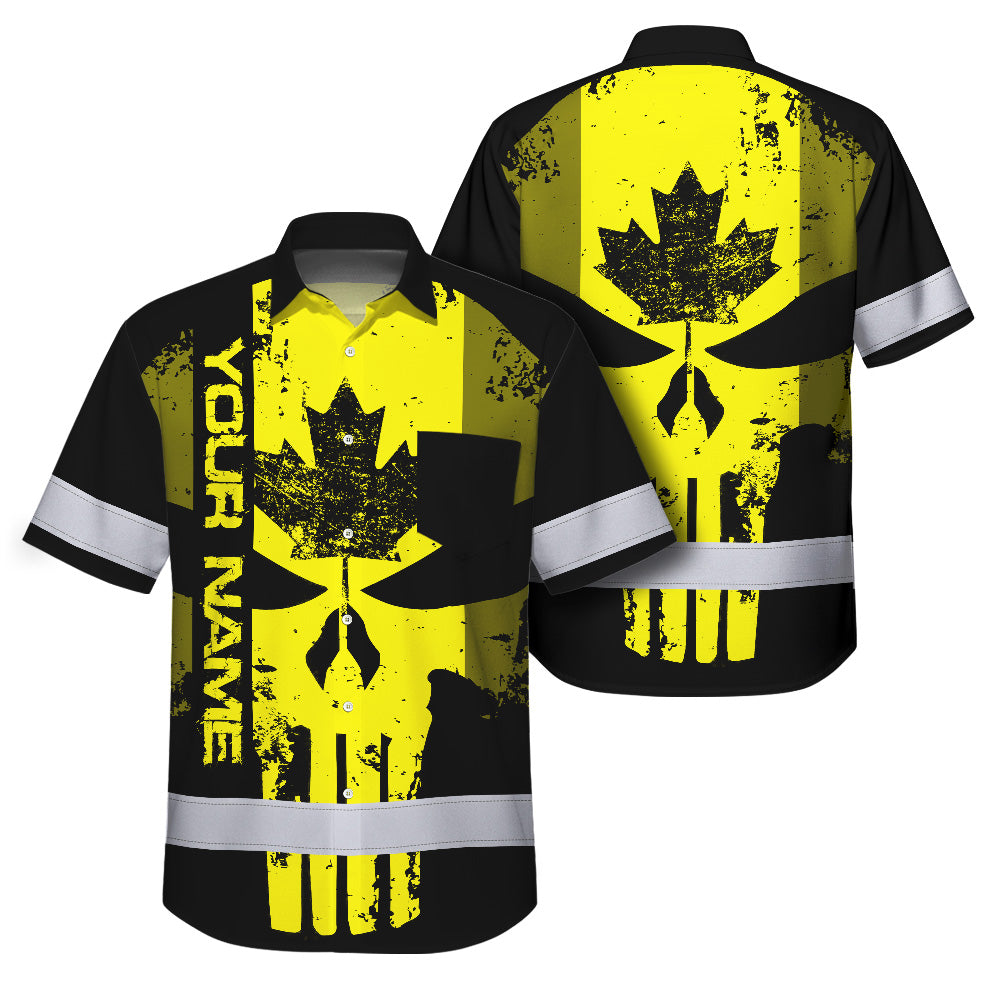 Hi Vis Hawaiian Shirt Reflective Tapes Yellow Skull CA Custom Name Safety Workwear For Workers, Truckers, Operators, Canadian