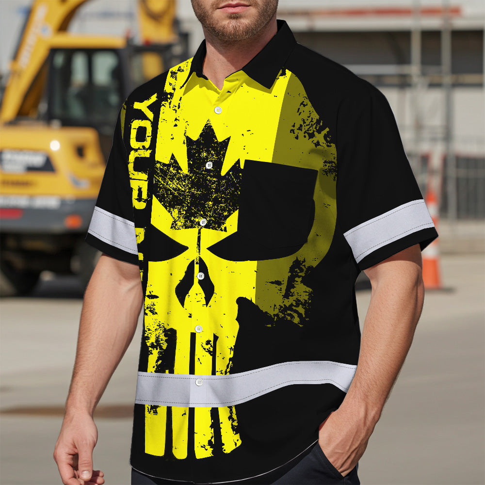 Hi Vis Hawaiian Shirt Reflective Tapes Yellow Skull CA Custom Name Safety Workwear For Workers, Truckers, Operators, Canadian