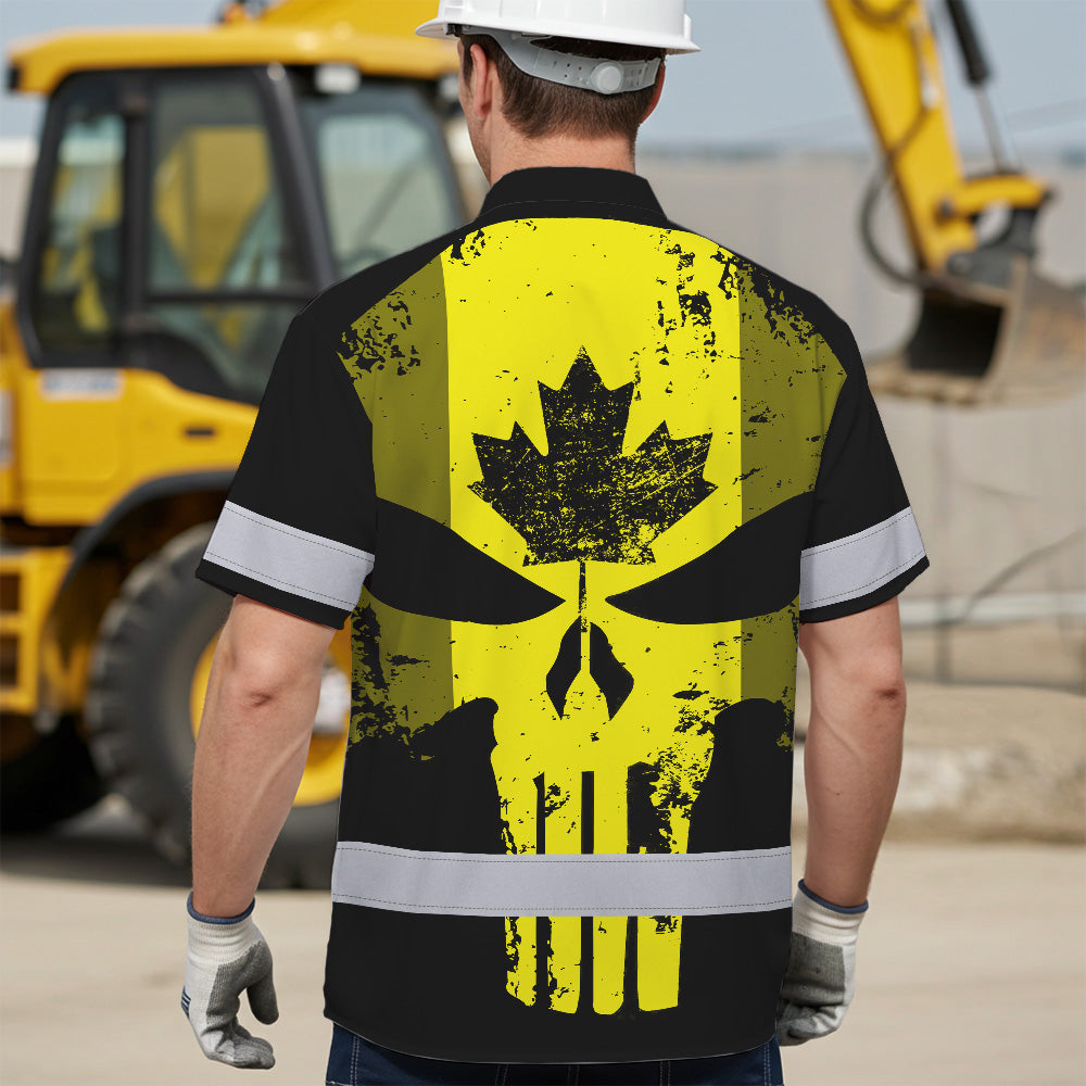 Hi Vis Hawaiian Shirt Reflective Tapes Yellow Skull CA Custom Name Safety Workwear For Workers, Truckers, Operators, Canadian