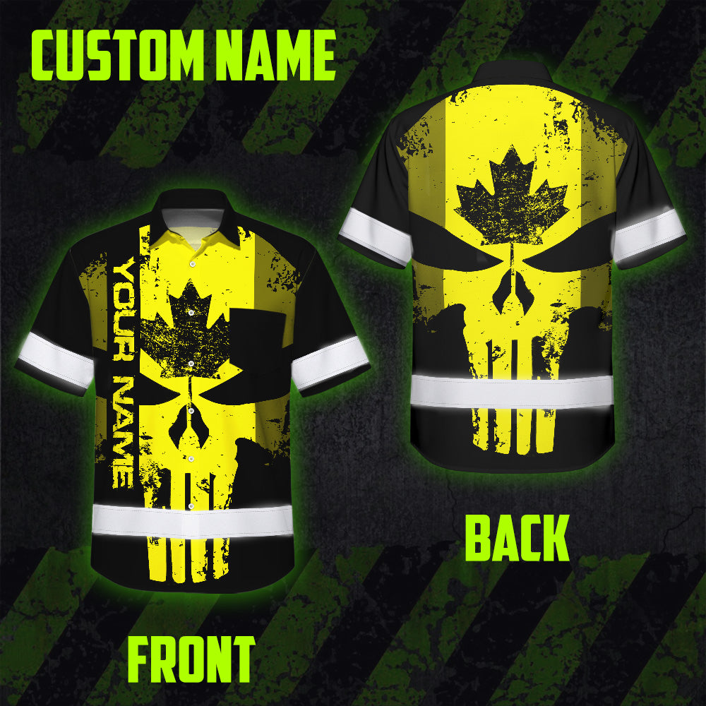 Hi Vis Hawaiian Shirt Reflective Tapes Yellow Skull CA Custom Name Safety Workwear For Workers, Truckers, Operators, Canadian