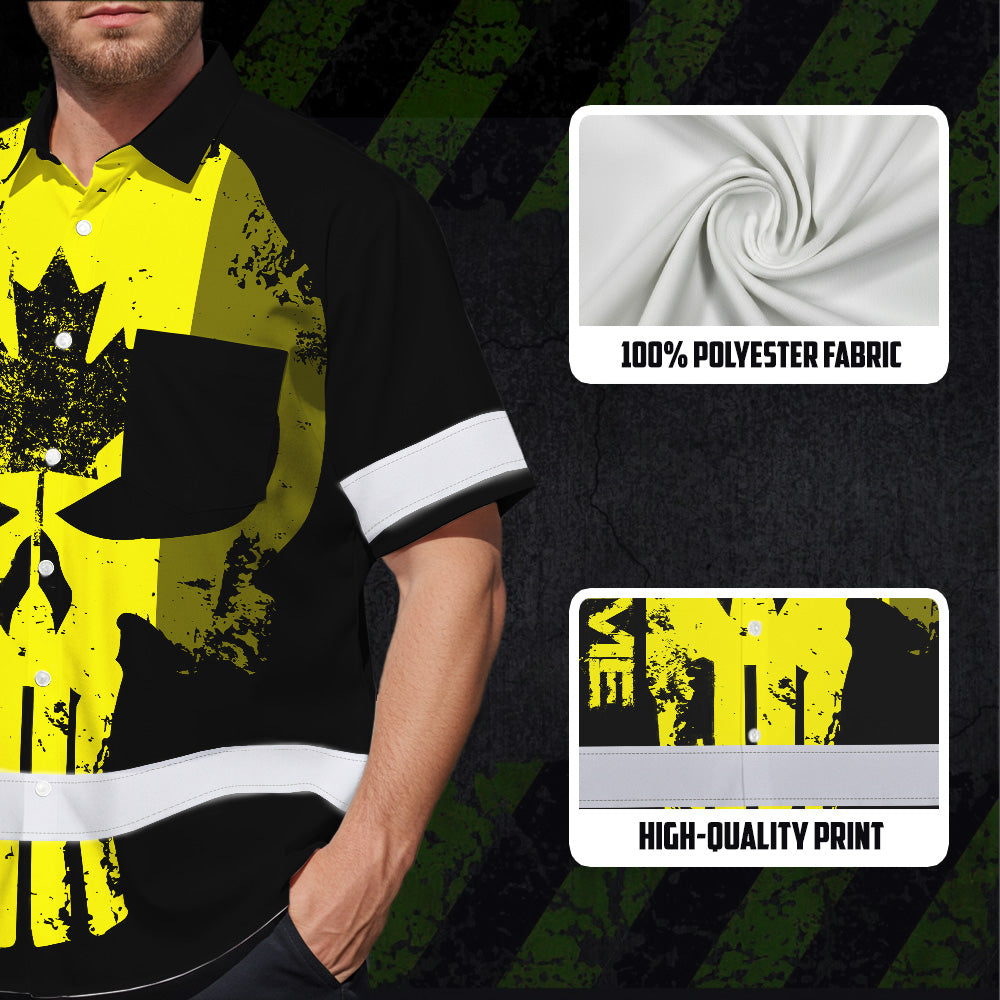 Hi Vis Hawaiian Shirt Reflective Tapes Yellow Skull CA Custom Name Safety Workwear For Workers, Truckers, Operators, Canadian