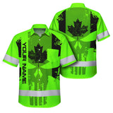 Hi Vis Hawaiian Shirt Reflective Tapes Green Black Skull CA Custom Name Safety Workwear For Workers, Truckers, Operators, Canadian