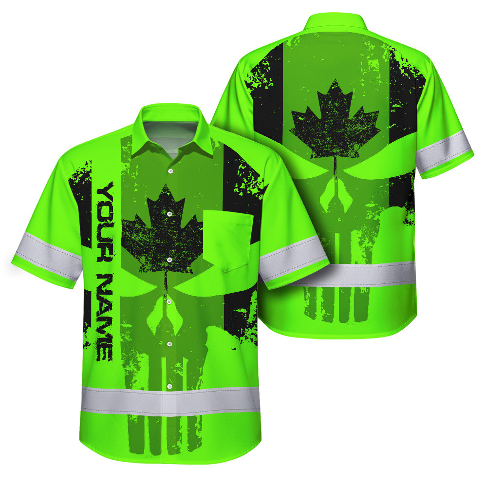 Hi Vis Hawaiian Shirt Reflective Tapes Green Black Skull CA Custom Name Safety Workwear For Workers, Truckers, Operators, Canadian