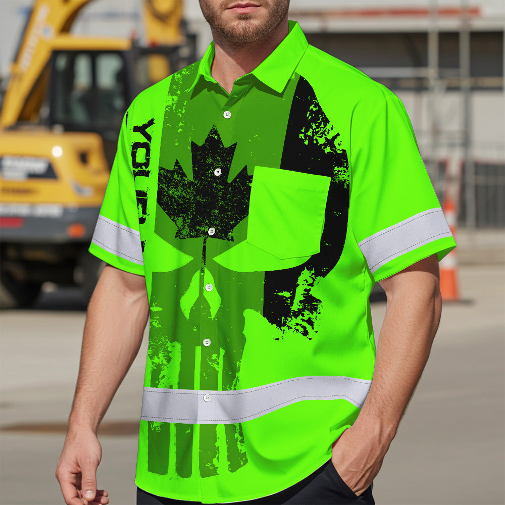 Hi Vis Hawaiian Shirt Reflective Tapes Green Black Skull CA Custom Name Safety Workwear For Workers, Truckers, Operators, Canadian