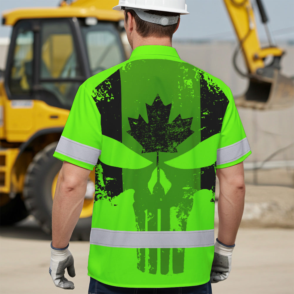 Hi Vis Hawaiian Shirt Reflective Tapes Green Black Skull CA Custom Name Safety Workwear For Workers, Truckers, Operators, Canadian