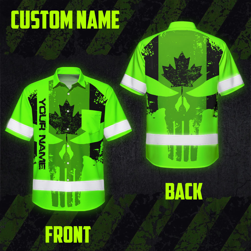 Hi Vis Hawaiian Shirt Reflective Tapes Green Black Skull CA Custom Name Safety Workwear For Workers, Truckers, Operators, Canadian