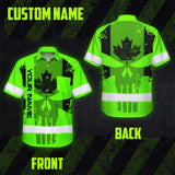 Hi Vis Hawaiian Shirt Reflective Tapes Green Black Skull CA Custom Name Safety Workwear For Workers, Truckers, Operators, Canadian