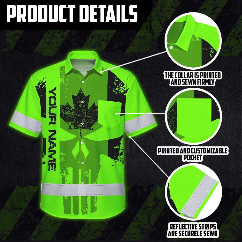 Hi Vis Hawaiian Shirt Reflective Tapes Green Black Skull CA Custom Name Safety Workwear For Workers, Truckers, Operators, Canadian