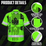 Hi Vis Hawaiian Shirt Reflective Tapes Green Black Skull CA Custom Name Safety Workwear For Workers, Truckers, Operators, Canadian
