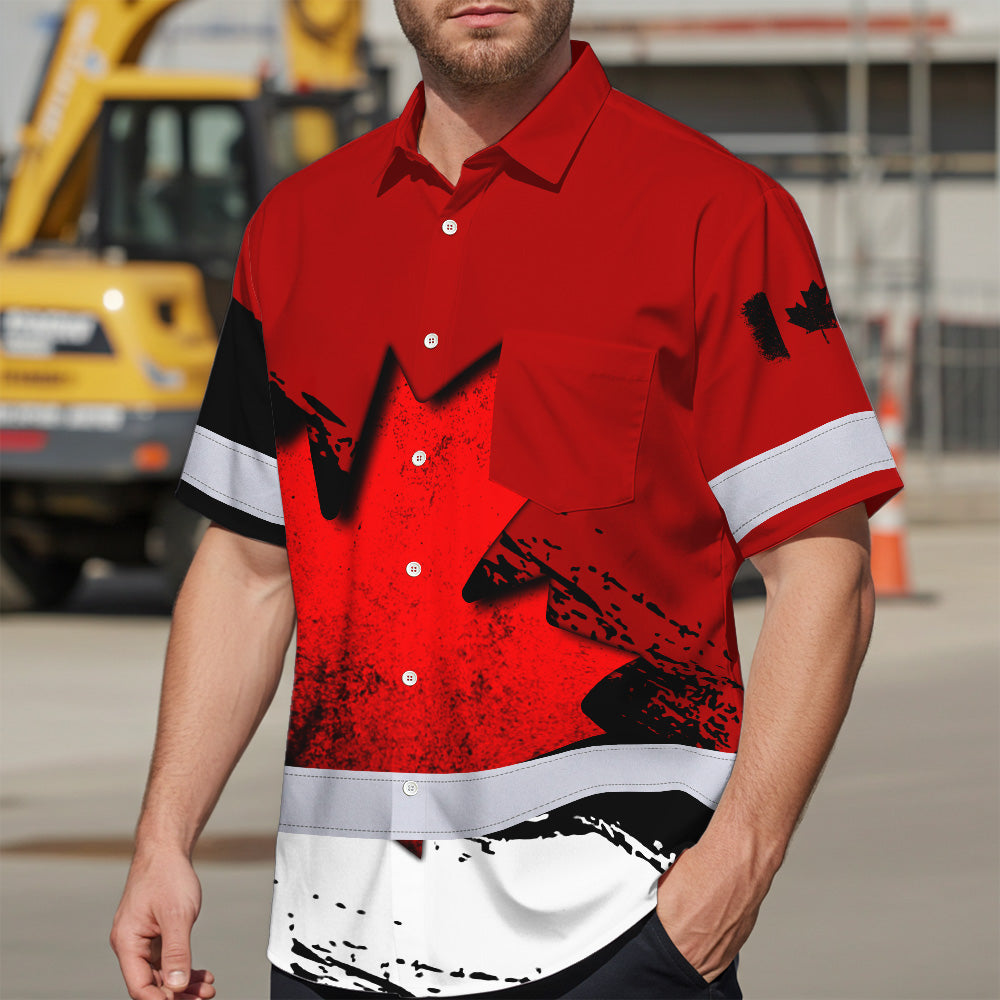 Hi Vis Hawaiian Shirt Reflective Tapes Red Neon White Canada Flag Custom Name Safety Workwear For Workers, Truckers, Operators, Canadian