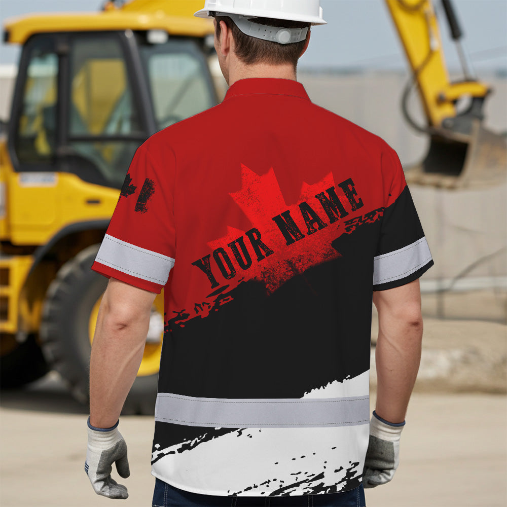 Hi Vis Hawaiian Shirt Reflective Tapes Red Neon White Canada Flag Custom Name Safety Workwear For Workers, Truckers, Operators, Canadian