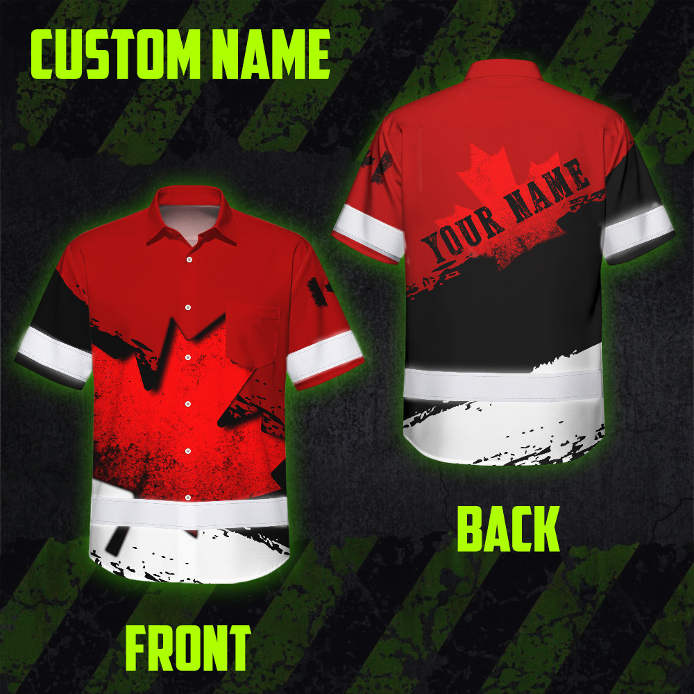 Hi Vis Hawaiian Shirt Reflective Tapes Red Neon White Canada Flag Custom Name Safety Workwear For Workers, Truckers, Operators, Canadian