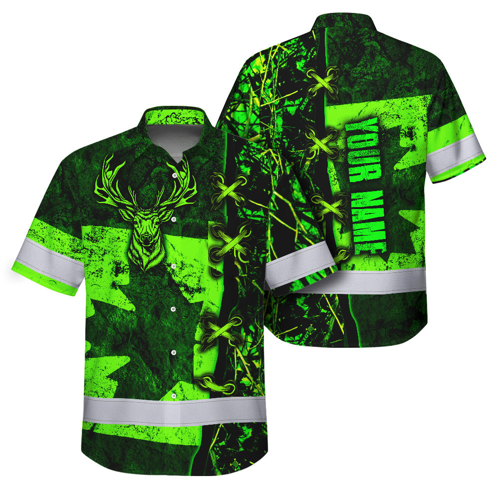 Hi Vis Hawaiian Shirt Reflective Tapes Green Neon Hunting Canada Flag Custom Name Safety Workwear For Workers, Truckers, Operators, Canadian