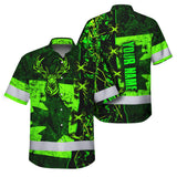 Hi Vis Hawaiian Shirt Reflective Tapes Green Neon Hunting Canada Flag Custom Name Safety Workwear For Workers, Truckers, Operators, Canadian