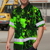 Hi Vis Hawaiian Shirt Reflective Tapes Green Neon Hunting Canada Flag Custom Name Safety Workwear For Workers, Truckers, Operators, Canadian