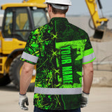 Hi Vis Hawaiian Shirt Reflective Tapes Green Neon Hunting Canada Flag Custom Name Safety Workwear For Workers, Truckers, Operators, Canadian