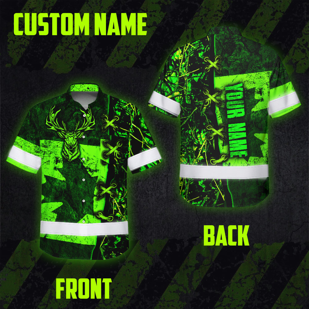 Hi Vis Hawaiian Shirt Reflective Tapes Green Neon Hunting Canada Flag Custom Name Safety Workwear For Workers, Truckers, Operators, Canadian