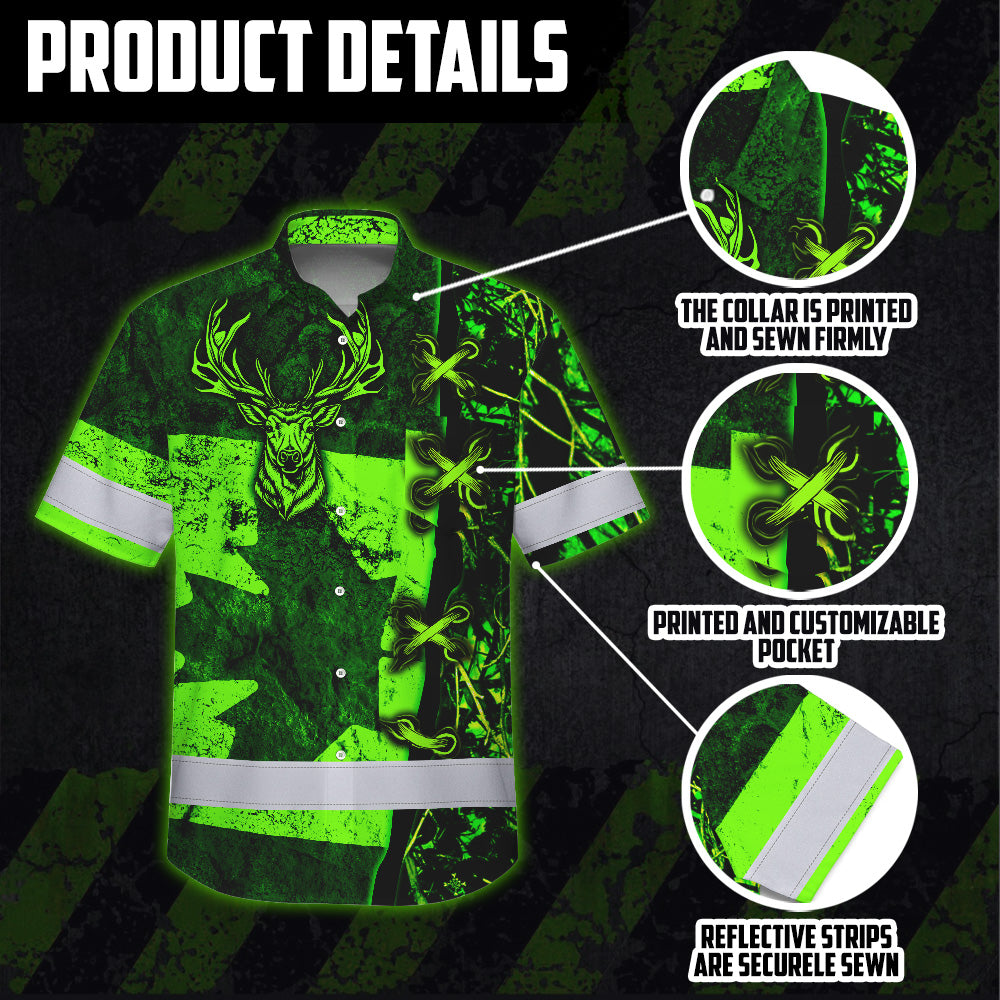 Hi Vis Hawaiian Shirt Reflective Tapes Green Neon Hunting Canada Flag Custom Name Safety Workwear For Workers, Truckers, Operators, Canadian