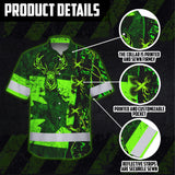 Hi Vis Hawaiian Shirt Reflective Tapes Green Neon Hunting Canada Flag Custom Name Safety Workwear For Workers, Truckers, Operators, Canadian