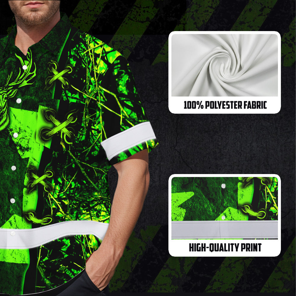 Hi Vis Hawaiian Shirt Reflective Tapes Green Neon Hunting Canada Flag Custom Name Safety Workwear For Workers, Truckers, Operators, Canadian