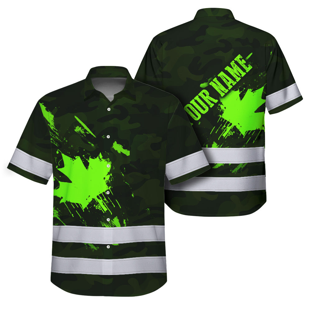 Hi Vis Hawaiian Shirt Reflective Tapes Green Black Camo Canada Flag Custom Name Safety Workwear For Workers, Truckers, Operators, Canadian