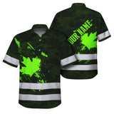 Hi Vis Hawaiian Shirt Reflective Tapes Green Black Camo Canada Flag Custom Name Safety Workwear For Workers, Truckers, Operators, Canadian