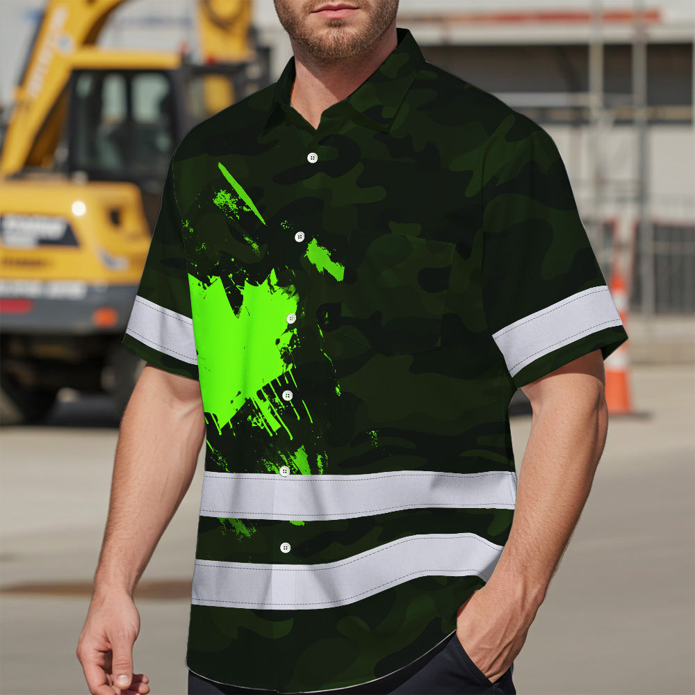 Hi Vis Hawaiian Shirt Reflective Tapes Green Black Camo Canada Flag Custom Name Safety Workwear For Workers, Truckers, Operators, Canadian