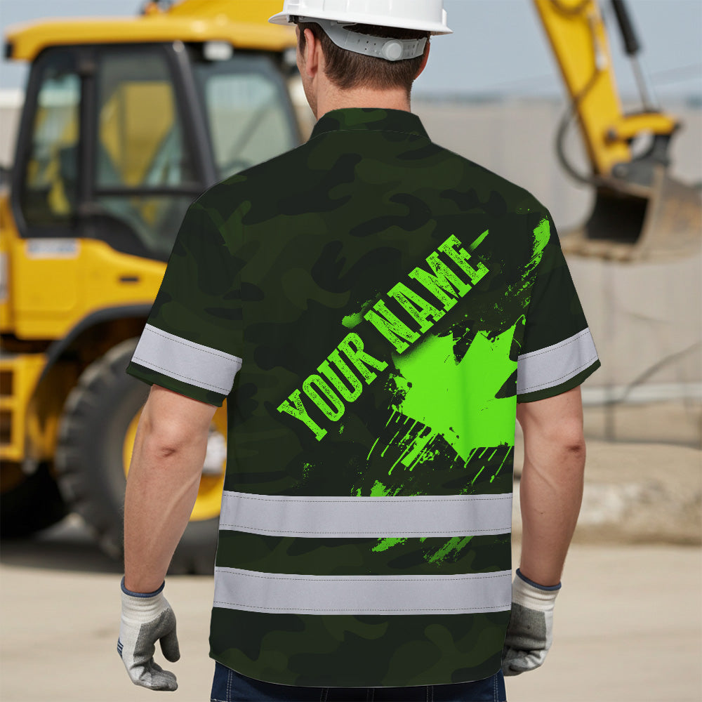 Hi Vis Hawaiian Shirt Reflective Tapes Green Black Camo Canada Flag Custom Name Safety Workwear For Workers, Truckers, Operators, Canadian