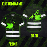 Hi Vis Hawaiian Shirt Reflective Tapes Green Black Camo Canada Flag Custom Name Safety Workwear For Workers, Truckers, Operators, Canadian