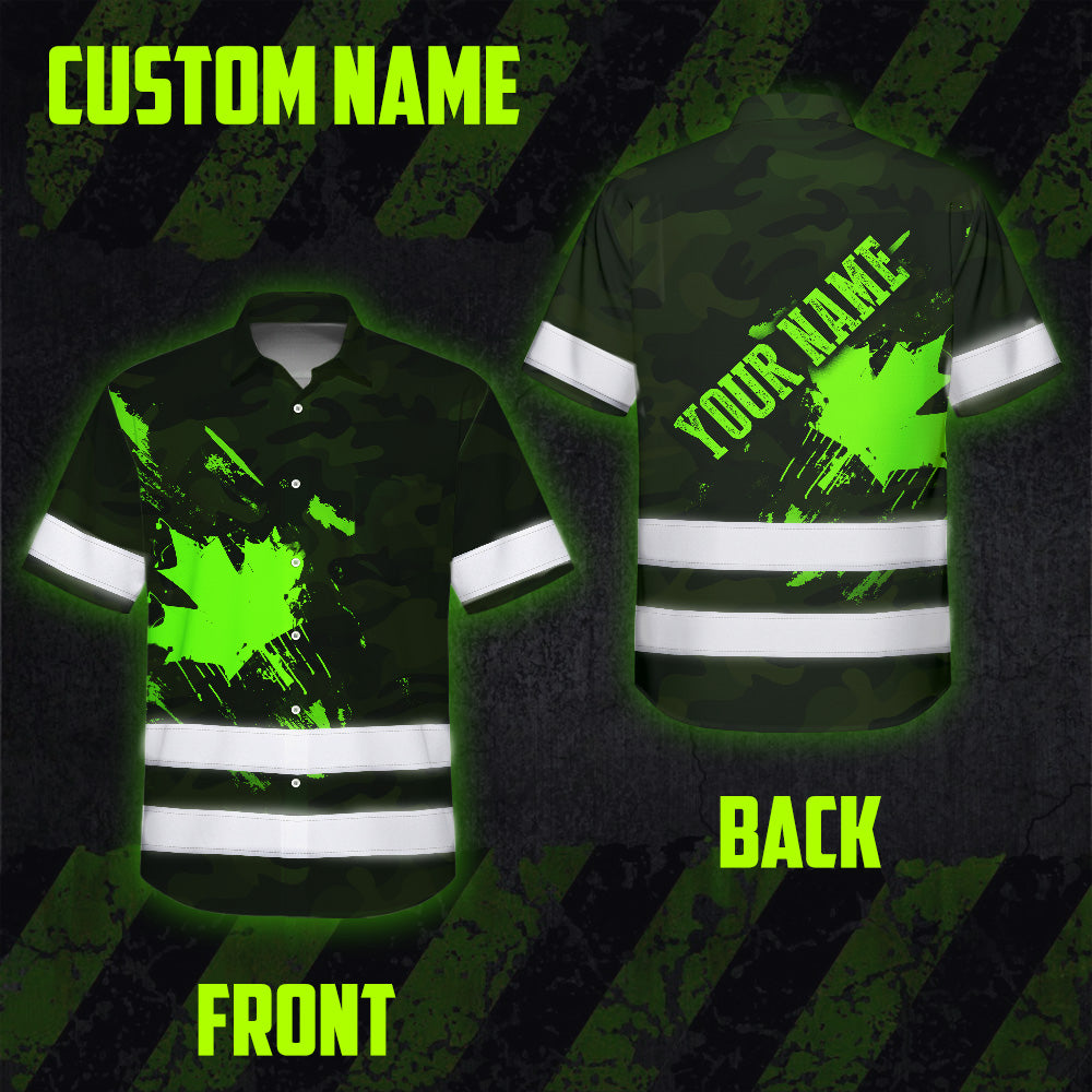 Hi Vis Hawaiian Shirt Reflective Tapes Green Black Camo Canada Flag Custom Name Safety Workwear For Workers, Truckers, Operators, Canadian