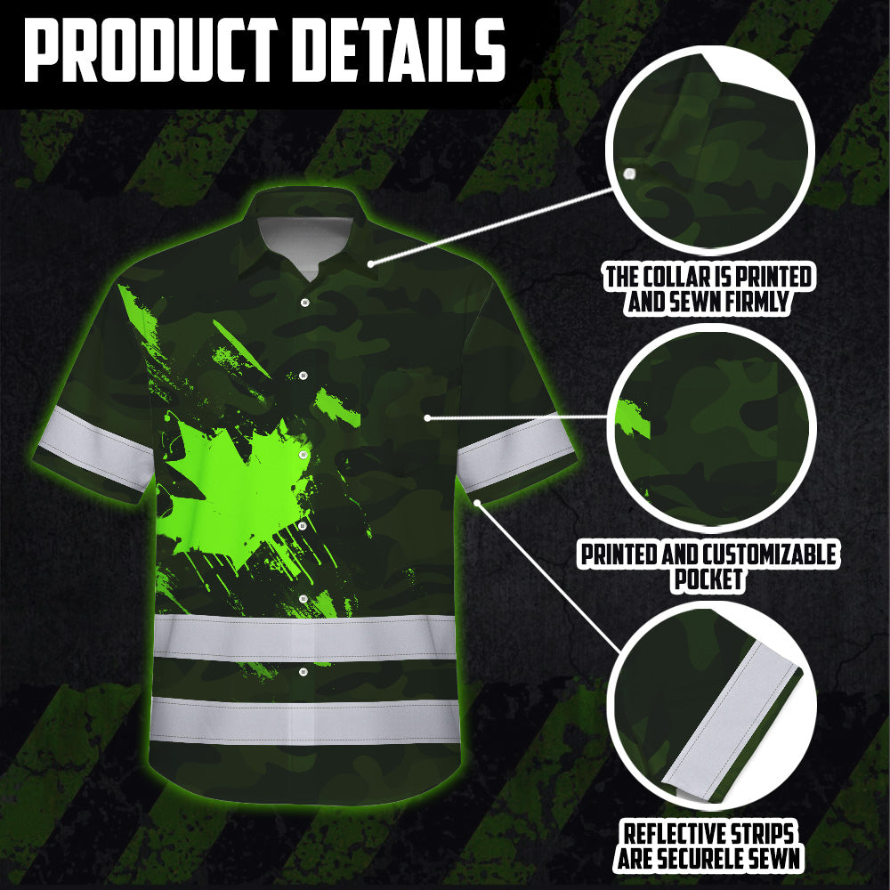 Hi Vis Hawaiian Shirt Reflective Tapes Green Black Camo Canada Flag Custom Name Safety Workwear For Workers, Truckers, Operators, Canadian