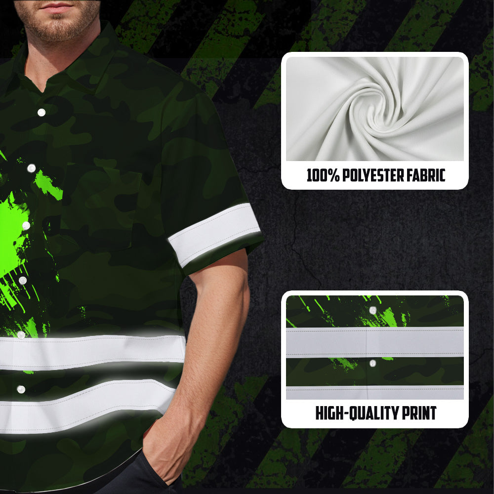 Hi Vis Hawaiian Shirt Reflective Tapes Green Black Camo Canada Flag Custom Name Safety Workwear For Workers, Truckers, Operators, Canadian