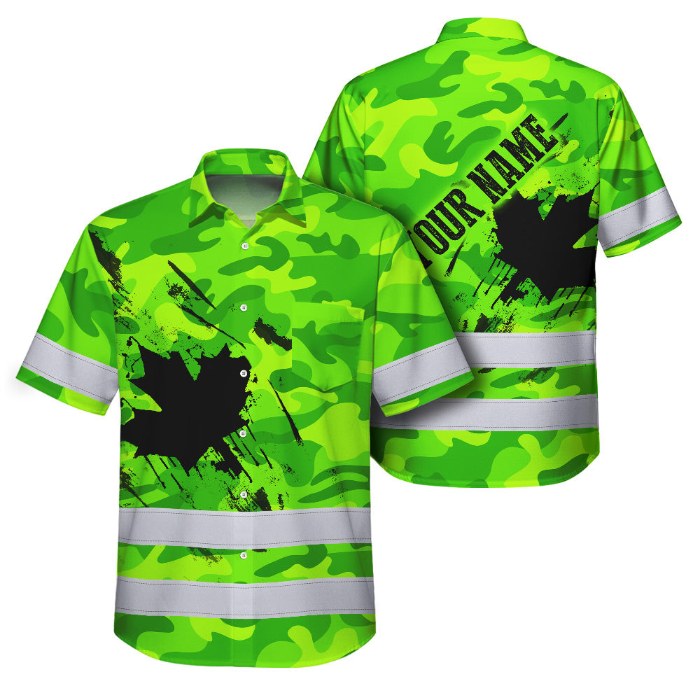 Hi Vis Hawaiian Shirt Reflective Tapes Green Neon Camo Canada Flag Custom Name Safety Workwear For Workers, Truckers, Operators, Canadian