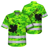 Hi Vis Hawaiian Shirt Reflective Tapes Green Neon Camo Canada Flag Custom Name Safety Workwear For Workers, Truckers, Operators, Canadian