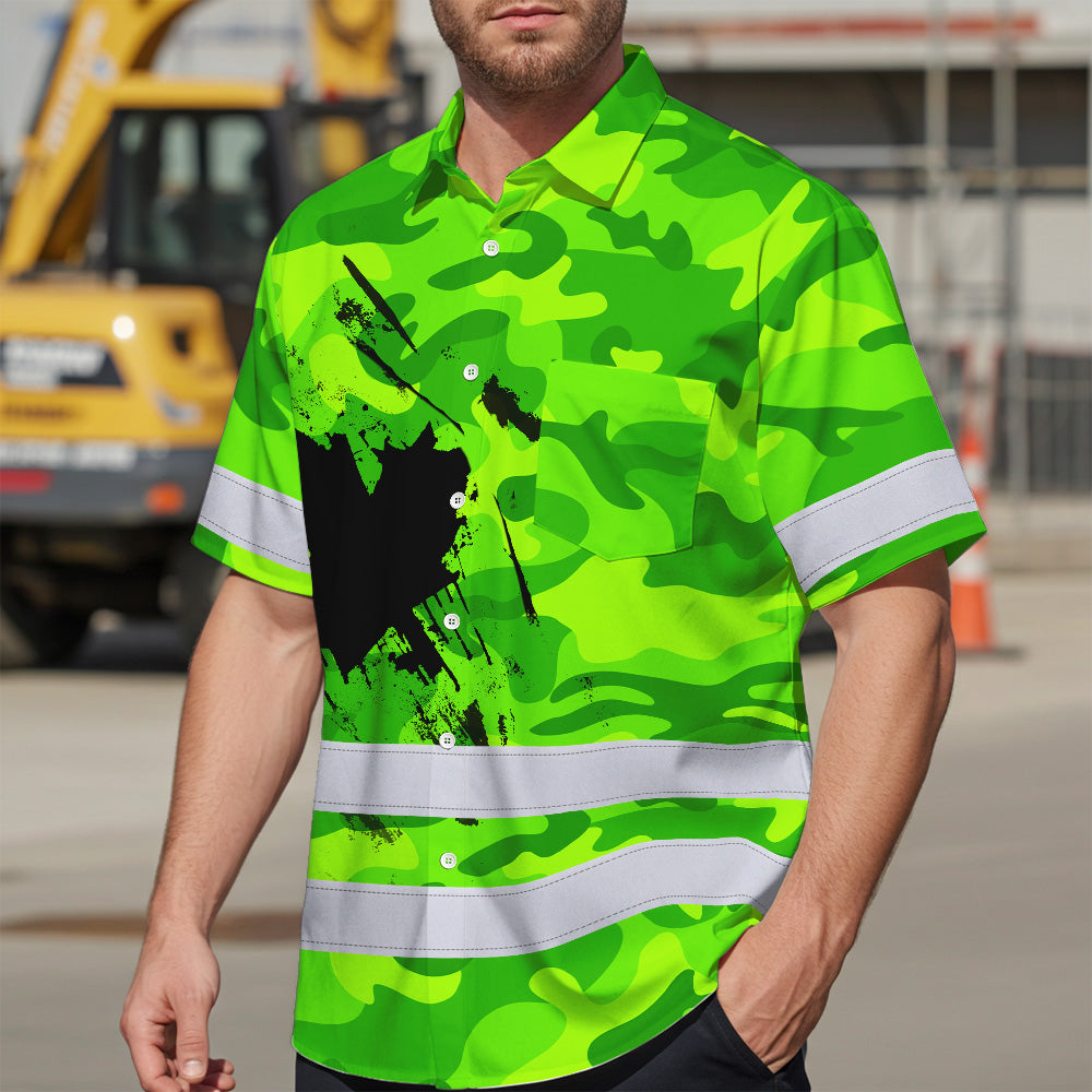 Hi Vis Hawaiian Shirt Reflective Tapes Green Neon Camo Canada Flag Custom Name Safety Workwear For Workers, Truckers, Operators, Canadian