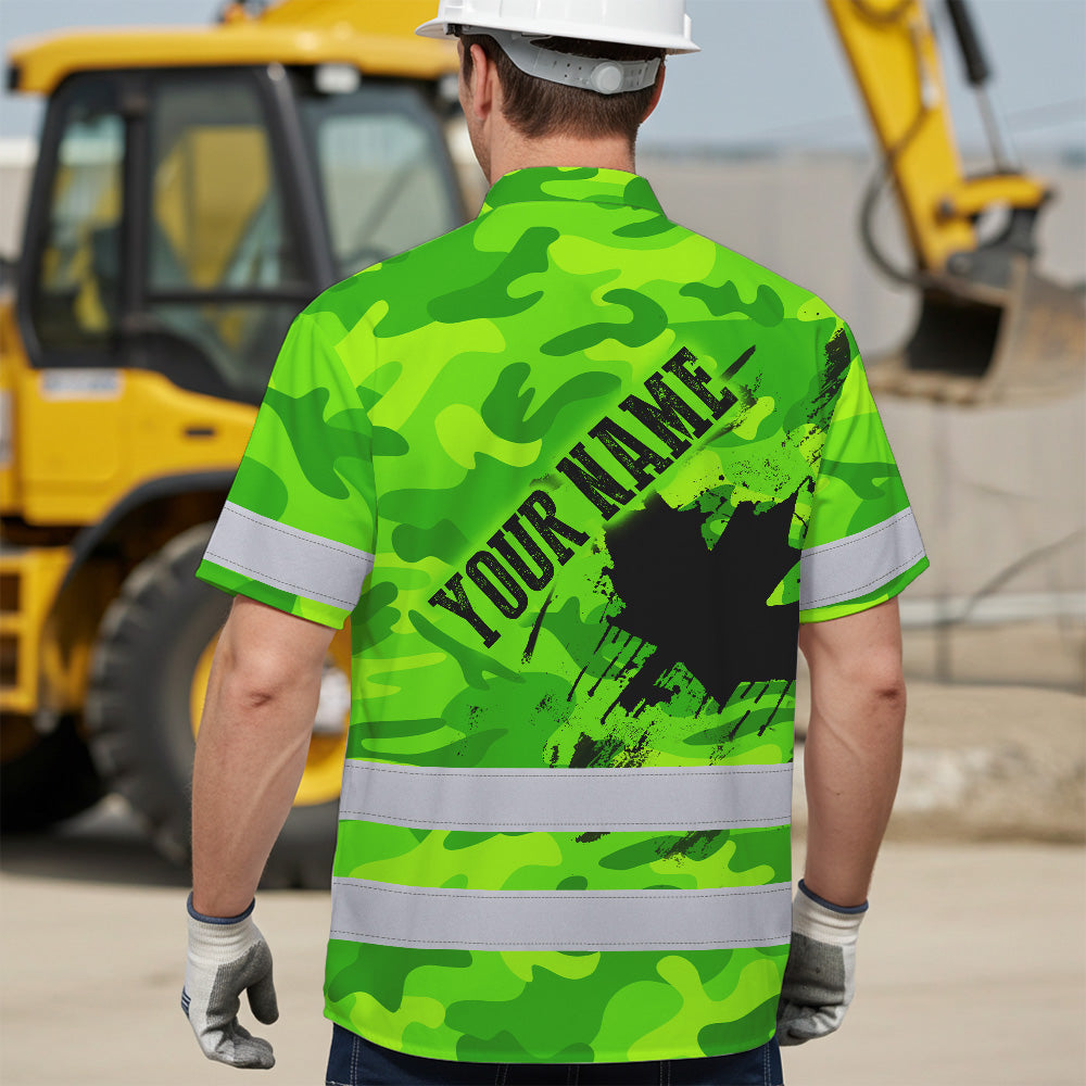 Hi Vis Hawaiian Shirt Reflective Tapes Green Neon Camo Canada Flag Custom Name Safety Workwear For Workers, Truckers, Operators, Canadian