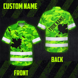 Hi Vis Hawaiian Shirt Reflective Tapes Green Neon Camo Canada Flag Custom Name Safety Workwear For Workers, Truckers, Operators, Canadian