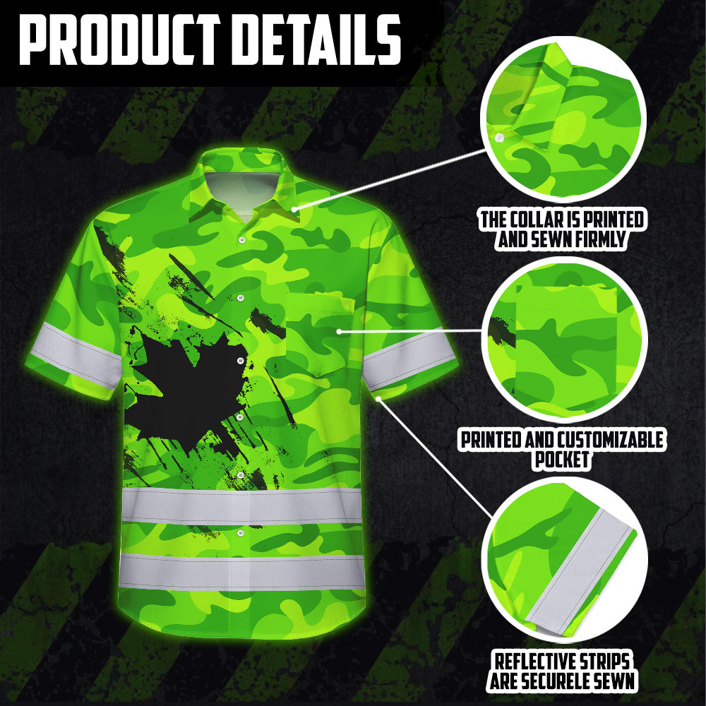 Hi Vis Hawaiian Shirt Reflective Tapes Green Neon Camo Canada Flag Custom Name Safety Workwear For Workers, Truckers, Operators, Canadian