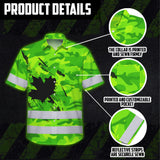 Hi Vis Hawaiian Shirt Reflective Tapes Green Neon Camo Canada Flag Custom Name Safety Workwear For Workers, Truckers, Operators, Canadian