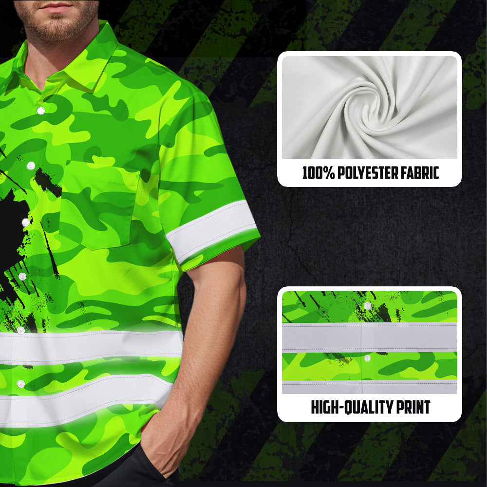 Hi Vis Hawaiian Shirt Reflective Tapes Green Neon Camo Canada Flag Custom Name Safety Workwear For Workers, Truckers, Operators, Canadian