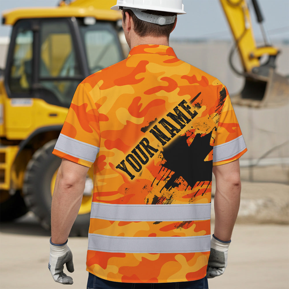 Hi Vis Hawaiian Shirt Reflective Tapes Orange Neon Camo Canada Flag Custom Name Safety Workwear For Workers, Truckers, Operators, Canadian
