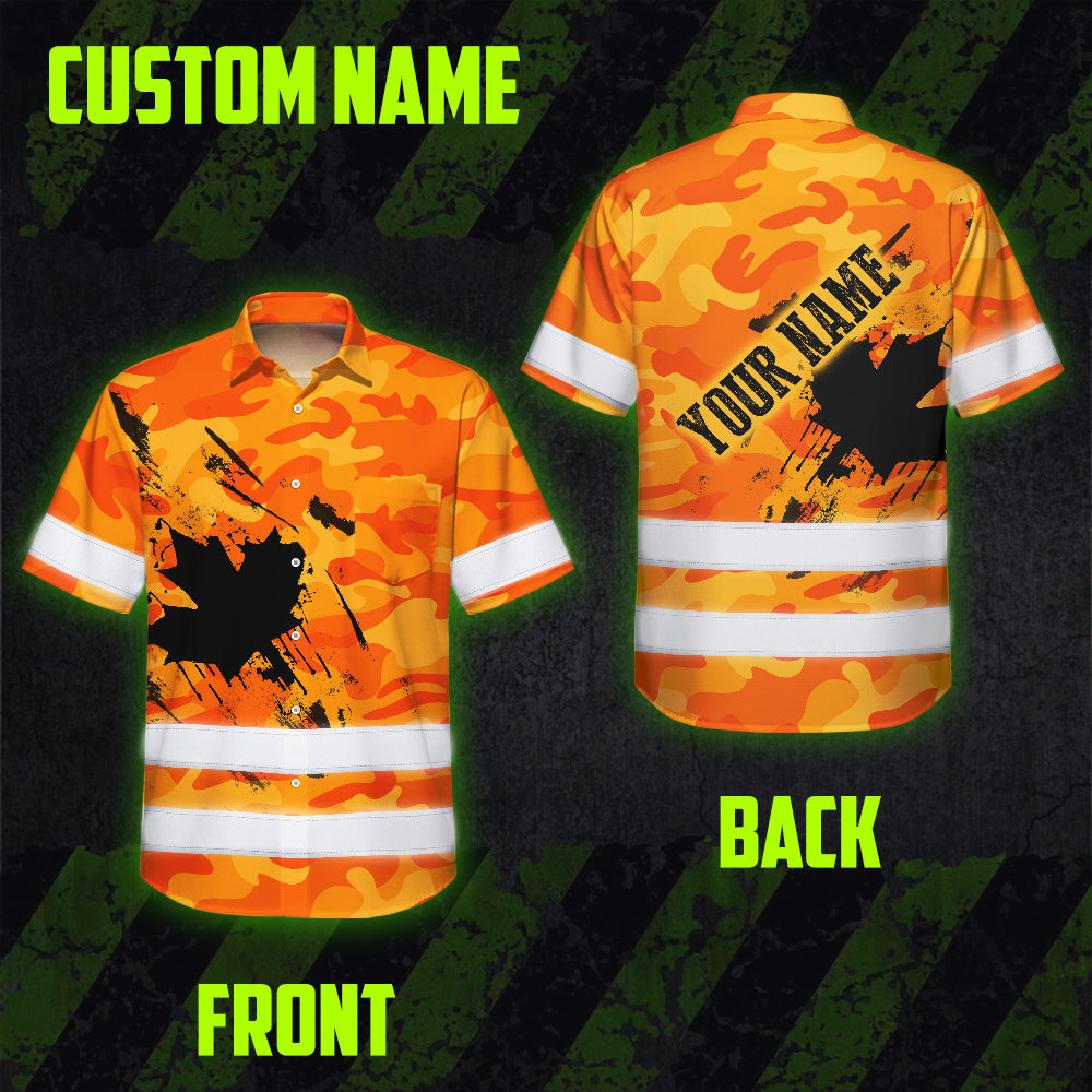 Hi Vis Hawaiian Shirt Reflective Tapes Orange Neon Camo Canada Flag Custom Name Safety Workwear For Workers, Truckers, Operators, Canadian