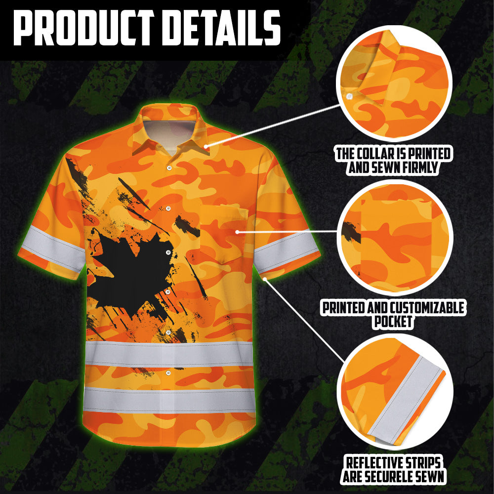 Hi Vis Hawaiian Shirt Reflective Tapes Orange Neon Camo Canada Flag Custom Name Safety Workwear For Workers, Truckers, Operators, Canadian