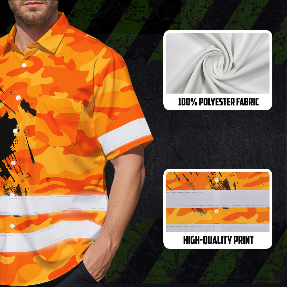 Hi Vis Hawaiian Shirt Reflective Tapes Orange Neon Camo Canada Flag Custom Name Safety Workwear For Workers, Truckers, Operators, Canadian