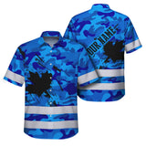 Hi Vis Hawaiian Shirt Reflective Tapes Blue Neon Camo Canada Flag Custom Name Safety Workwear For Workers, Truckers, Operators, Canadian