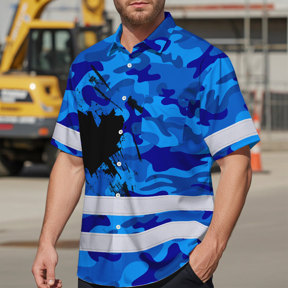 Hi Vis Hawaiian Shirt Reflective Tapes Blue Neon Camo Canada Flag Custom Name Safety Workwear For Workers, Truckers, Operators, Canadian