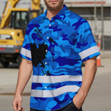 Hi Vis Hawaiian Shirt Reflective Tapes Blue Neon Camo Canada Flag Custom Name Safety Workwear For Workers, Truckers, Operators, Canadian