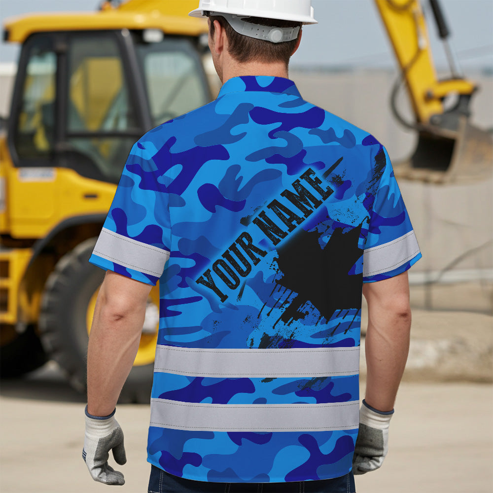 Hi Vis Hawaiian Shirt Reflective Tapes Blue Neon Camo Canada Flag Custom Name Safety Workwear For Workers, Truckers, Operators, Canadian